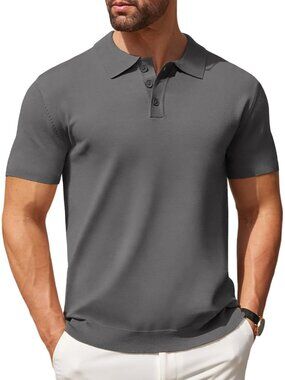 Mens Dark Grey Knit Polo Shirts Casual Short Sleeve Button Down Golf Tee Classic